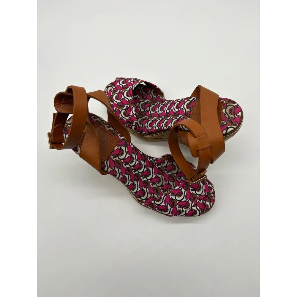 Tory Burch Espadrille Wedge Sandals Womens 8B Pink Tan Good Leather Canvas Spain